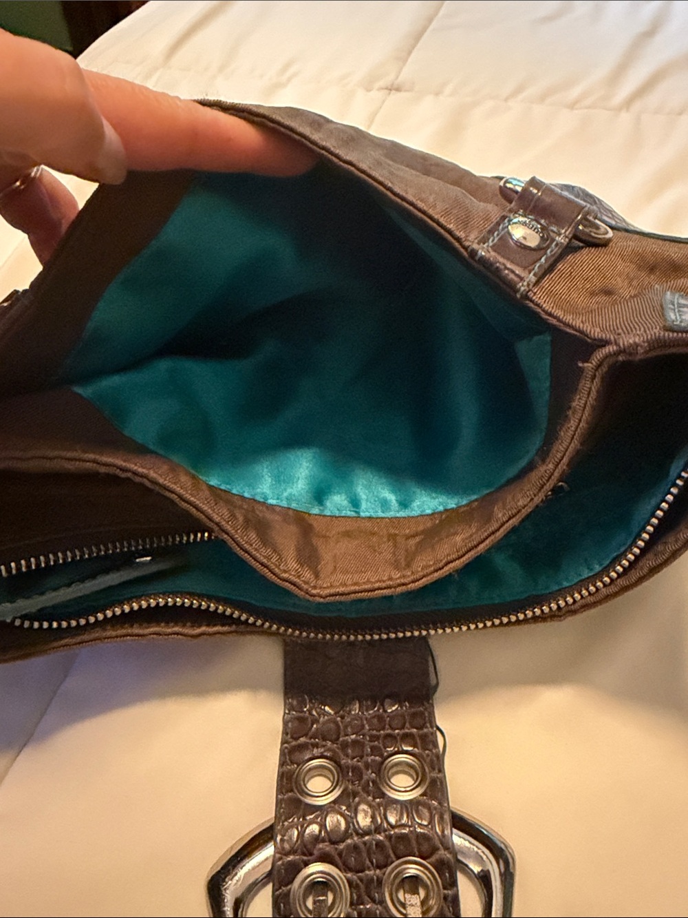 Brown Croc-Trim Guess Shoulder Bag - Picture 3 of 6